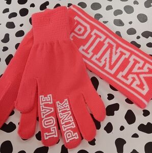 Pink winter gloves and headband